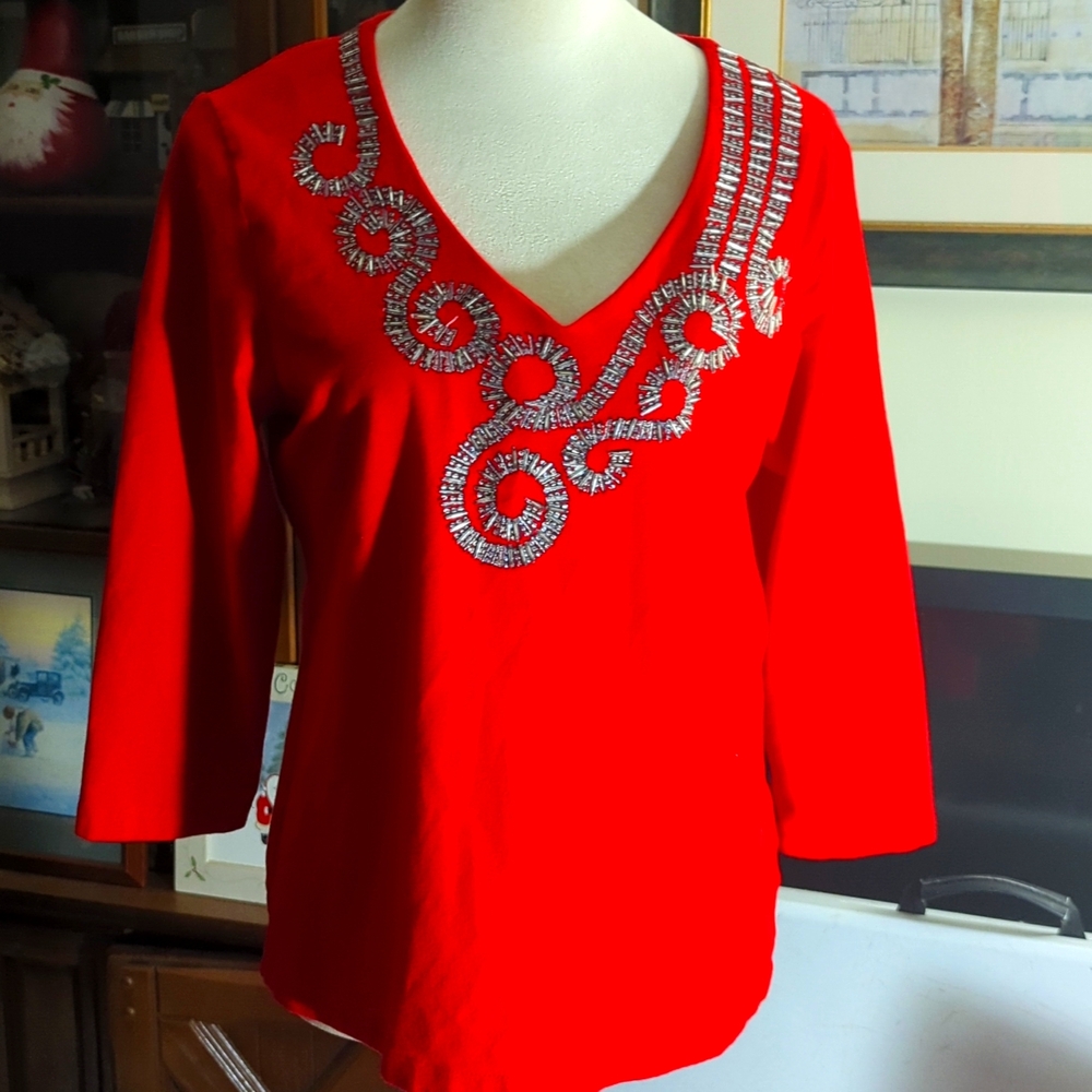 Ruby Rd Top. V-neck with beading around it. Long sleeves Red w/gold beads size M